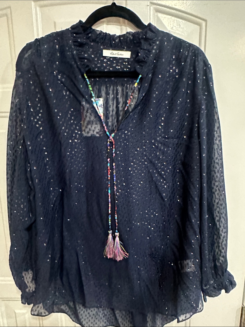 Robert Graham Navy Sheer Tie-Front Blouse With Tassel Detail